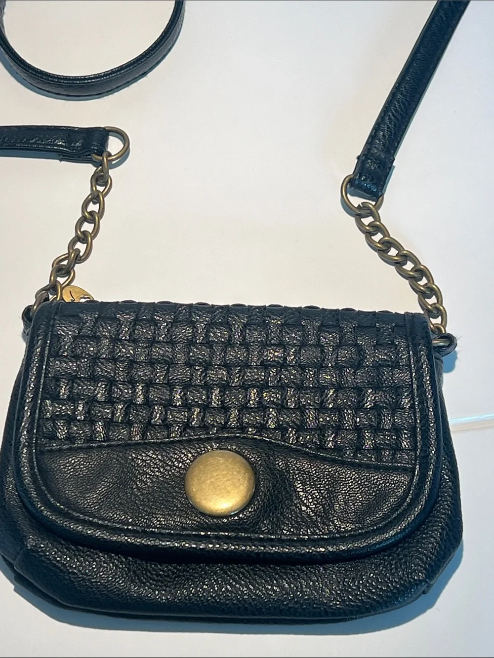 American Rag Black Woven Leather Crossbody with Brass Accent
